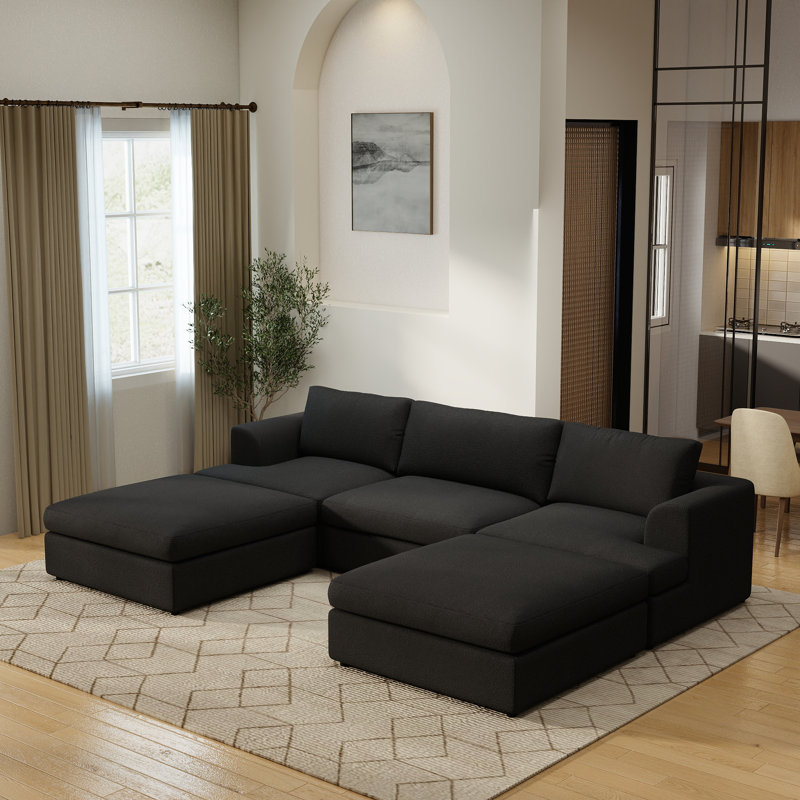 Canapé modulaire rembourré 5 pièces avec repose-pieds Boucle, Black Fabric/Boucle, 26.77" H x 118.11" W x 78.74" D