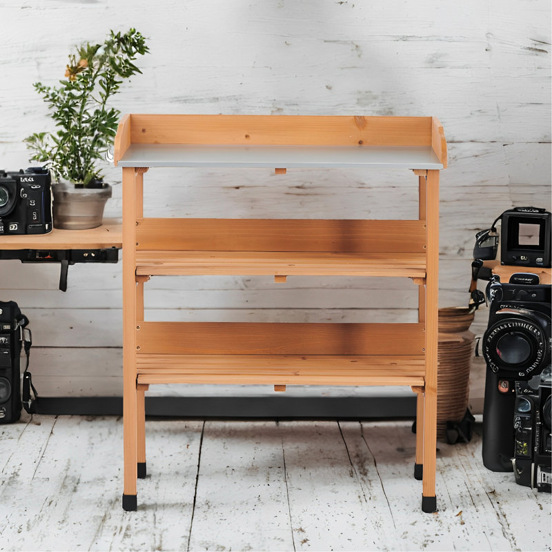 Table de rempotage en bois massif 30 po x 14,535,5 po avec plateau en métal, banc de travail extérieur pour le garage et les ateliers, avec crochets intégrés, pieds réglables, stabilité, commodité, 30,5, 14,6