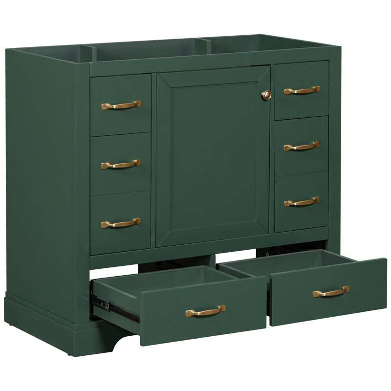 Meuble-lavabo 36 po, 6 tiroirs en bois massif, tablette réglable, base d'armoire compatible avec lavabo encastré, design moderne, autoportant, assemblage