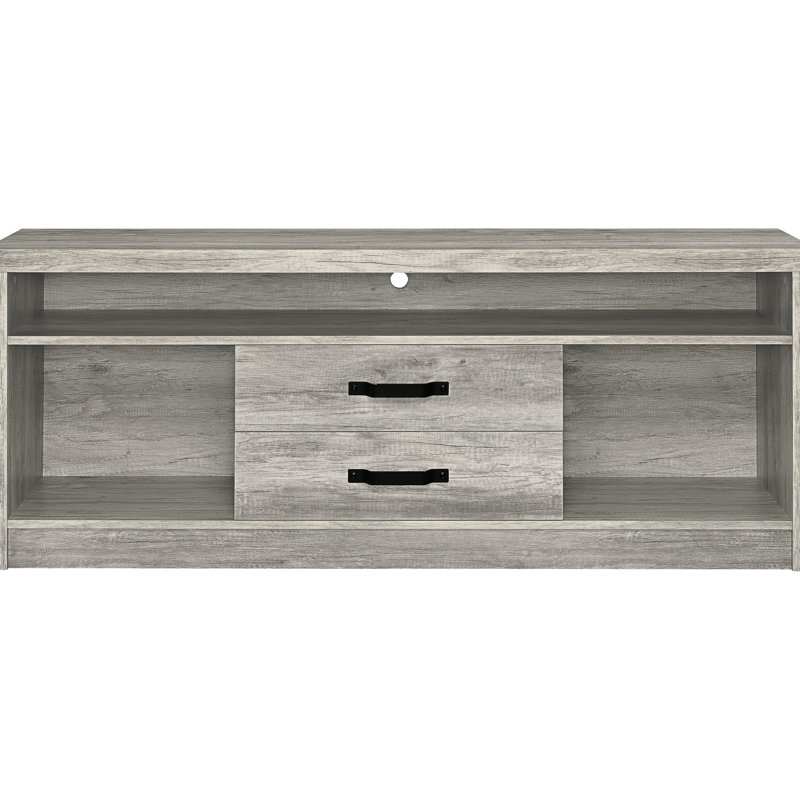 Meuble télé à 2 tiroirs en bois d'ingénierie avec une finition grise en bois flotté, double rangement pour espace de rangement, conception inspirée vieillie, utilisation durable, support polyvalent à profondeur de produit de 59 pouces, capture de bois