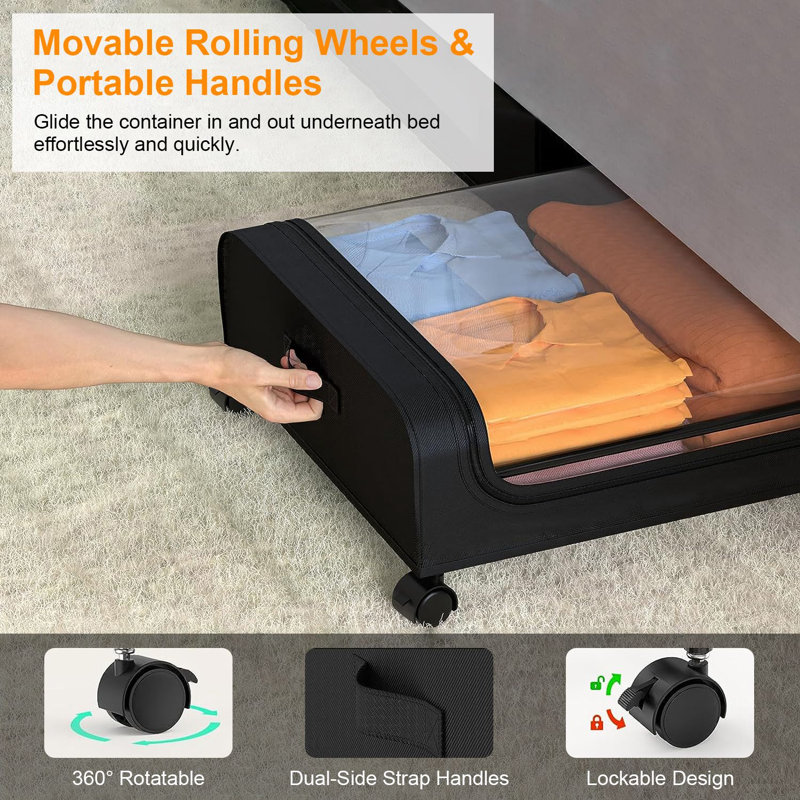 42L/44QT Under Bed Storage Under Bed Organizer with Wheels Clear Lid Strap Handles for Clothing Bedding Shoes Toys
