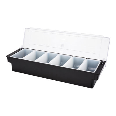 Serviteur de condiments en plastique noir Bar Lux - 6 compartiments - 19 1/2 po x 6 1/4 po x 3 3/4 po - 1 boîte