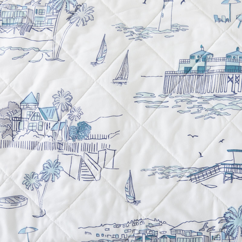 Full Blue Microfiber Coastal Reversible Quilt Set with Shams
