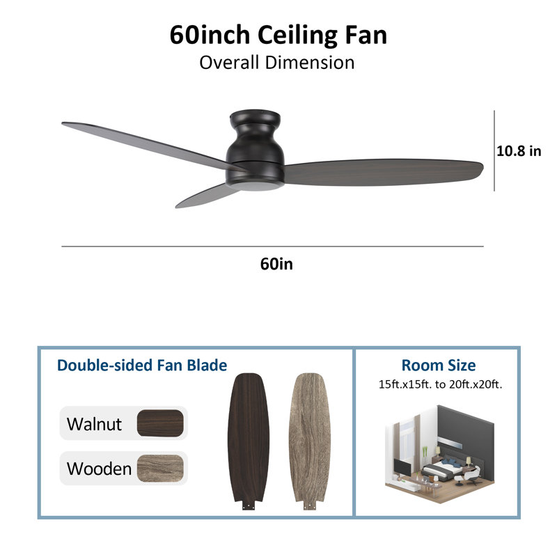 Ventilateur de plafond encastré 3 pales 60 po sans lumière Donnabelle, Noyer foncé / chêne gris
