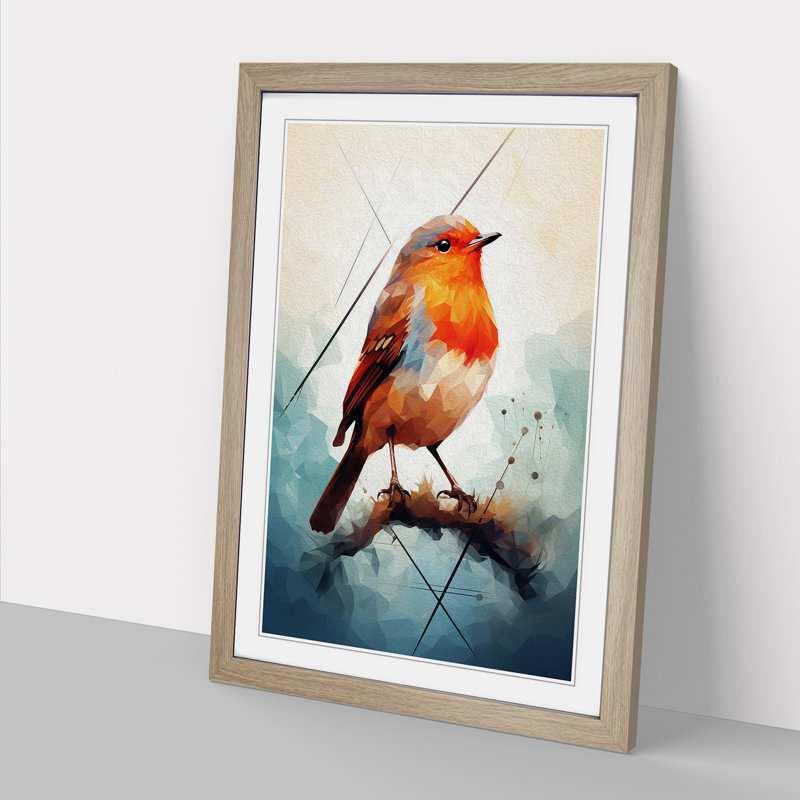 Robin Bird Geometric - Single Picture Frame Print on Wood, Oak Framed, 64cm H x 46cm W x 2cm D