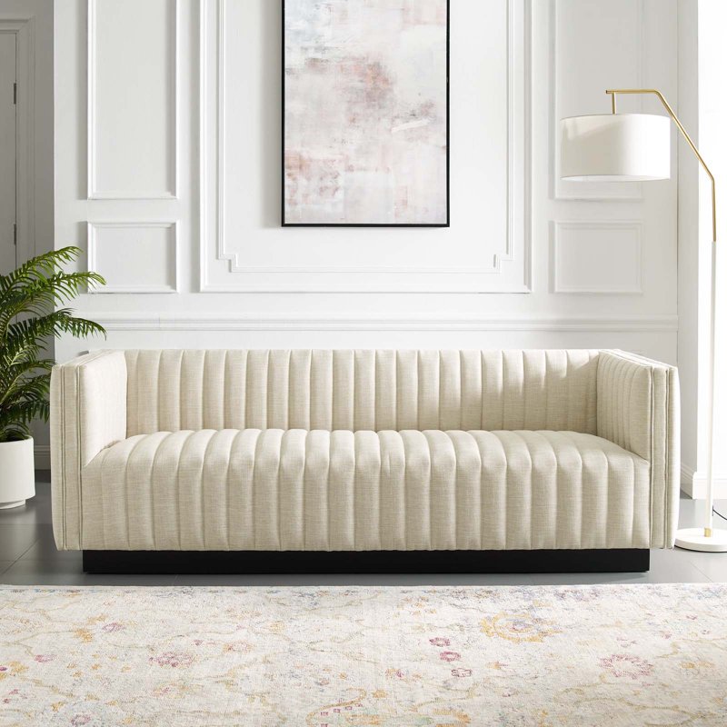 Modway Conjure Channel Tufted Velvet Sofa, Beige Polyester Blend