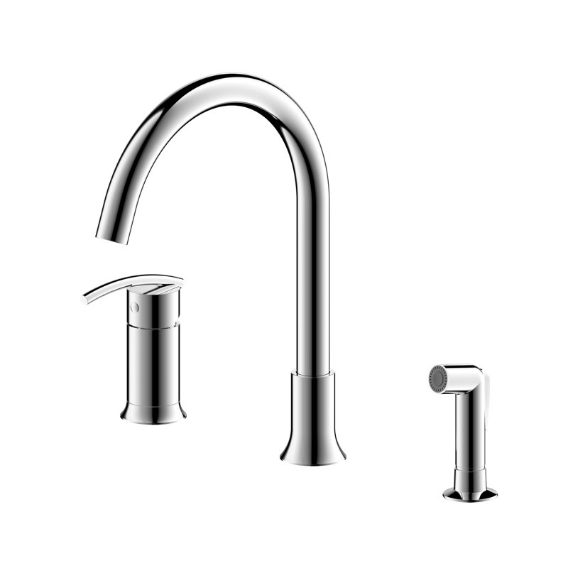 Kree Sweep 3-Hole Single Handle Kitchen Faucet with Matching Pull-Out Side-Sprayer - Chrome Polished, Chrome Polished 