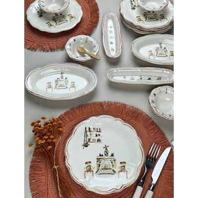 Ensemble de petit-déjeuner élégant 14 pièces, 100% porcelaine | Comprend 6 assiettes de service (7,9 pouces), 4 bols Joker (3,9 pouces), 2 plaques d'huile (7,5 x 4,7 pouces), 2 plateaux (7,9 x 2,8 pouces) | Va au lave-vaisselle et au micro-ondes, parfait pour un repas élégant