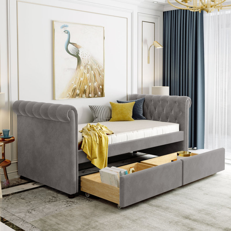 Lit de jour simple tapissier avec tiroirs, support en lattes de bois, Gris