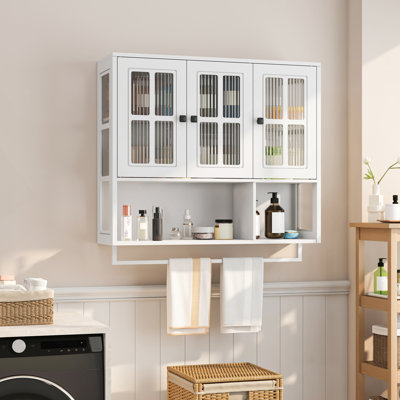 Armoire murale de salle de bain, armoire murale en bois à 3 portes avec espace de rangement ouvert et caché, armoire à pharmacie avec porte en verre et barre à serviettes pour le salon du vestibule, salle à manger, blanc