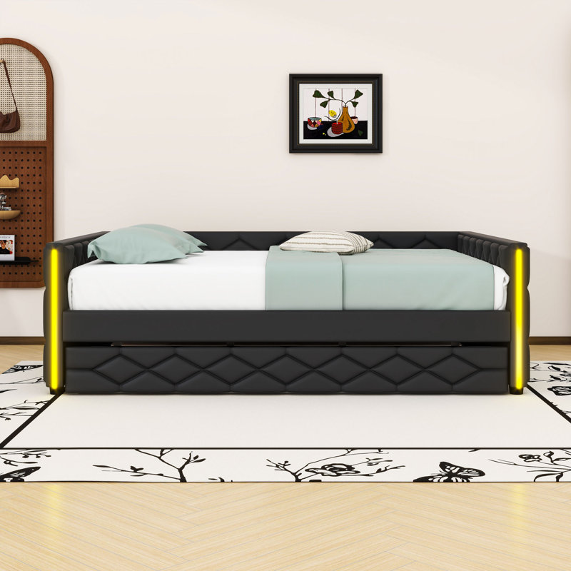 Full XL PU Upholstered Daybed with LED Light Armrests and Pull-Out Twin Trundle, Black