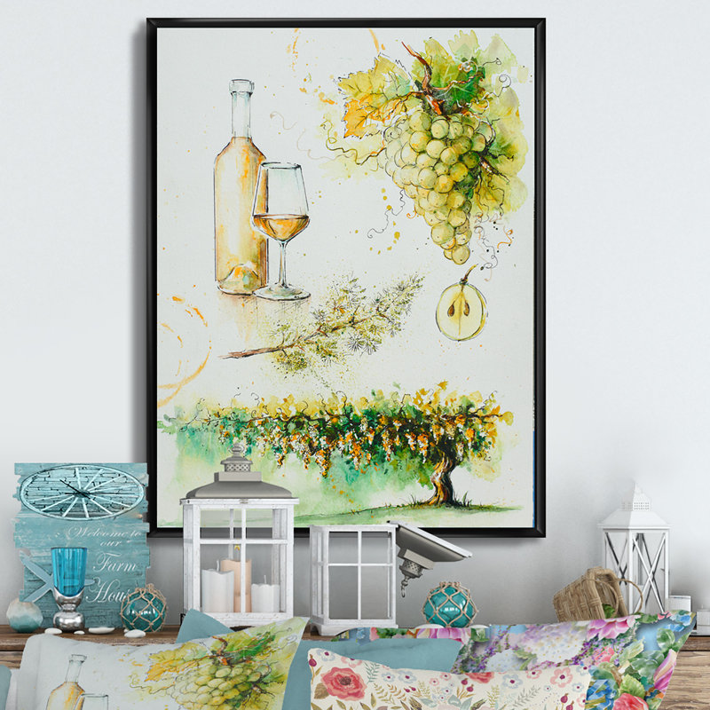 Grapes with Wine Bottle II - reproduction d'art sur toile encadrée, H 32 po x l 16 po x P 1 po, Toile à cadre flottant noir