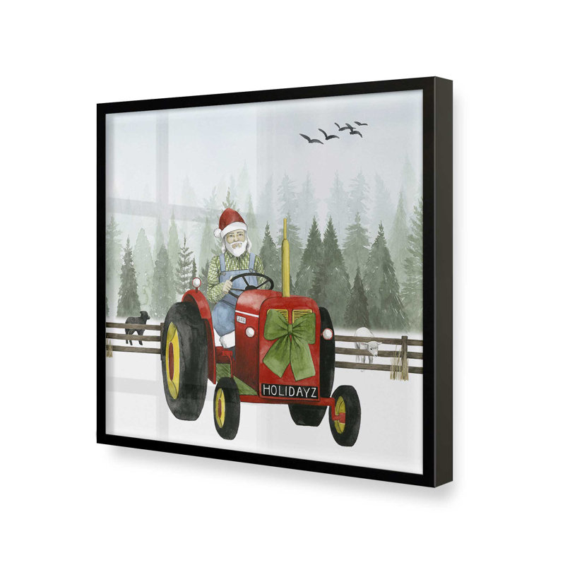 «Santa's Christmas Tractor Ride I Print», H 13,5 po x l 13,5 po, Cadre simple noir satiné, bois massif