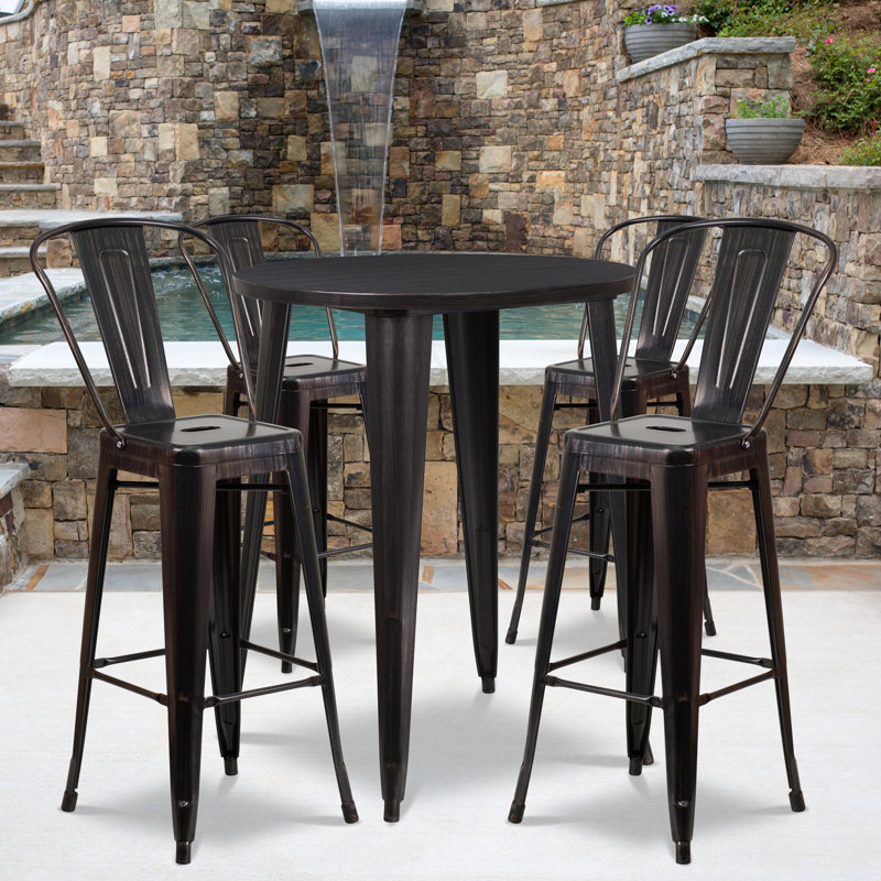 Williamston Round Metal Indoor-Outdoor Bar Table Set with 4 Cafe Stools, Black/Antique Gold, 41" H x 30" W x 30" L