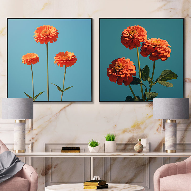 Zestias zestes orange et bleus - ensemble de 2 collages carrés Zinnias, Cadre flottant noir, H 30 po x l 61 po