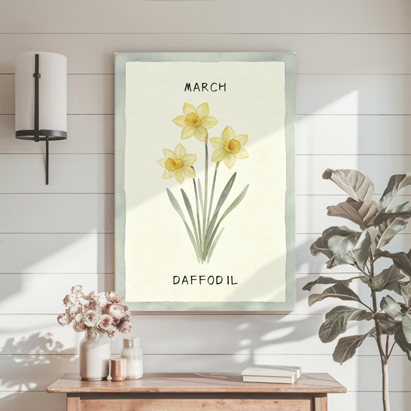 Illustration botanique de jonquilles en fleurs, impression sur toile tendue sur châssis, 61 x 91 cm, bulbes printaniers jaunes et verts, décoration murale pour cuisine, salon et véranda.