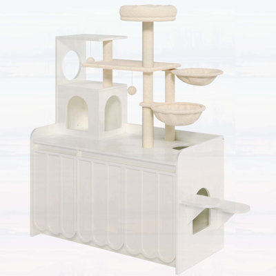 Modern Cat Tree with Litter Box Enclosure, Sisal Scratching Post, and Storage Space, All-in-One Cat Condo with Hammock and Perch, White