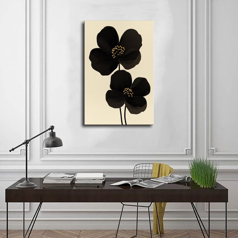Reproduction d'art sur toile, fleurs noires avec centre doré, affiche rétro, 24x36in