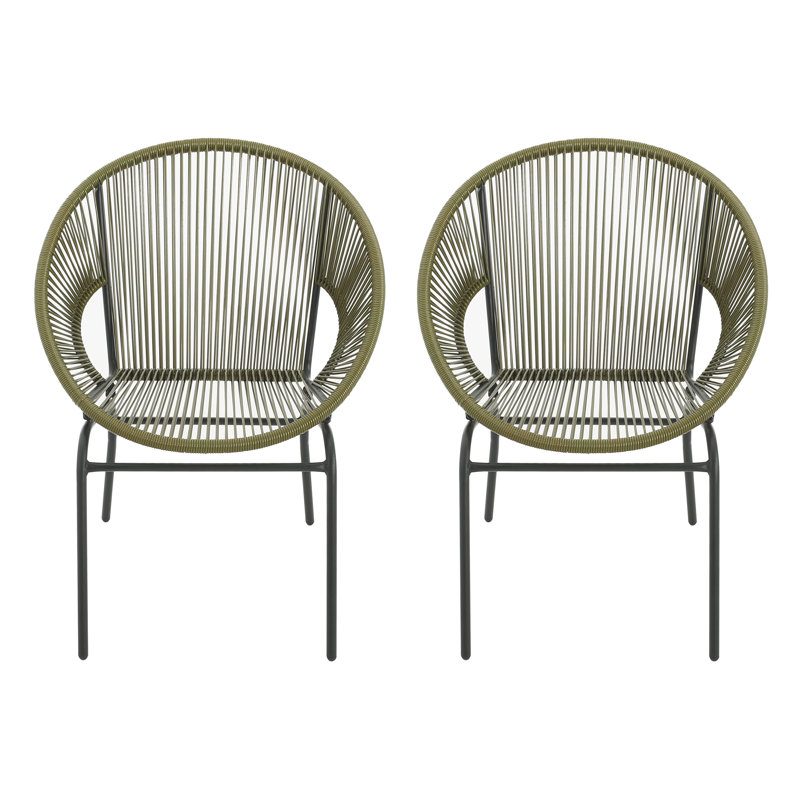 Green Metal and Rattan Modern Outdoor Patio Chairs (Set of 2)