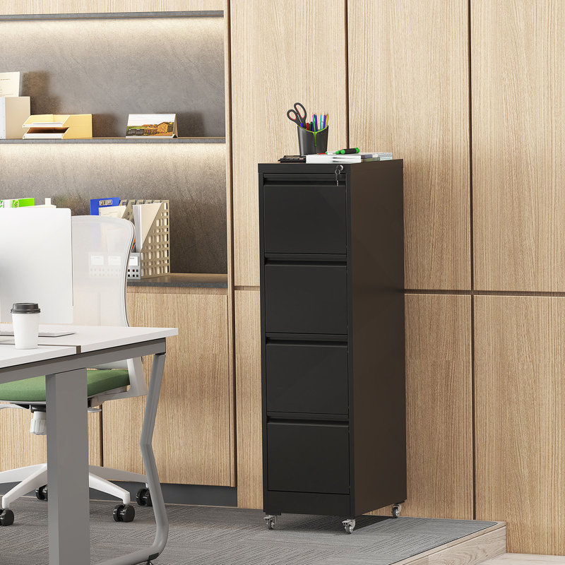 Classeur vertical verrouillable à quatre tiroirs en métal sur roulettes pour une organisation améliorée dans les environnements domestiques et de bureau