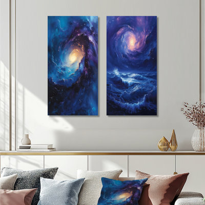 Purple Blue Vibrant Cosmic Spiral Galaxy I - Galaxies Wall Art 2 Pieces Set
