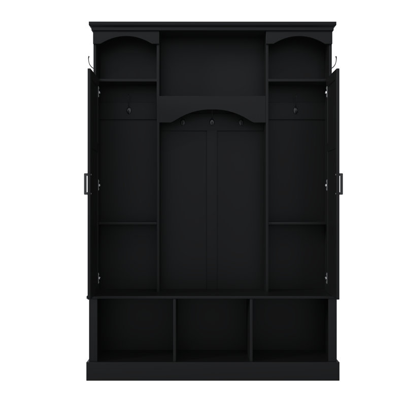 Modern Farmhouse Hall Tree with Storage Bench, Arched Mudroom Organizer, 7 Hooks & Side Cabinets, Black 2