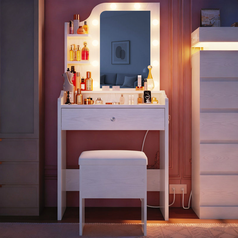 Petit meuble-lavabo avec miroir à DEL, tabouret de rangement et prise de courant