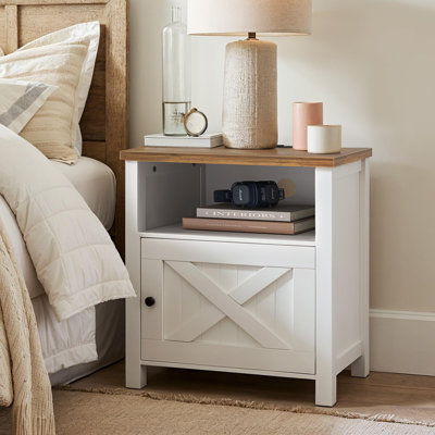 Farmhouse Nightstand Side Table With Electrical Outlets Charging Station,Bedside Table With Open Shelf And Barn Door Storage For Bedroom Room,2 Pack by August Grove