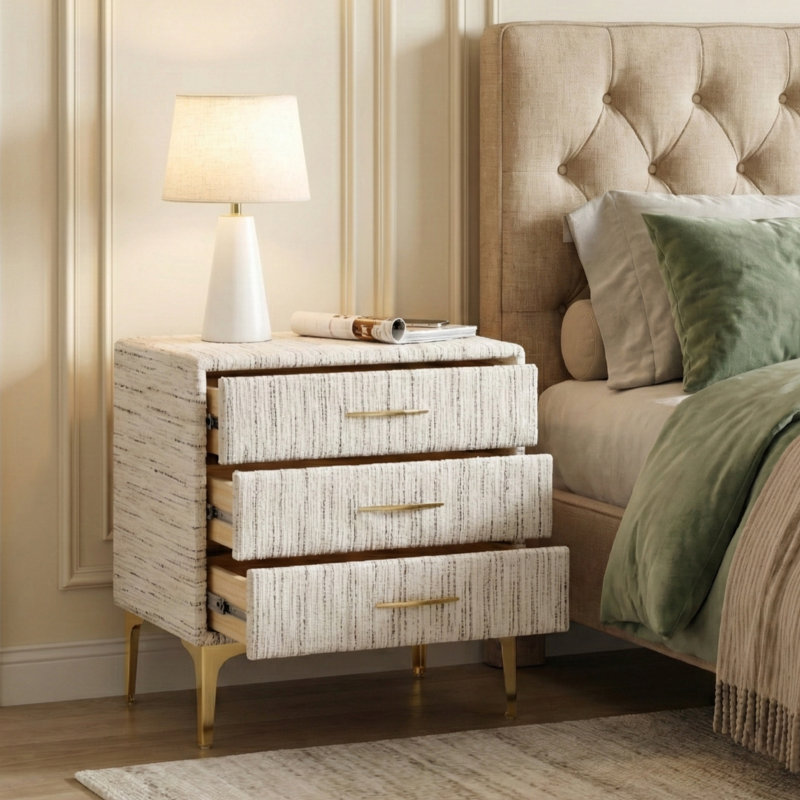 Elegant Upholstered Nightstand Fully Assembled, White/Brown Textured 