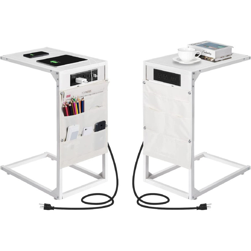 End Table Set Built-In Outlets, White, White