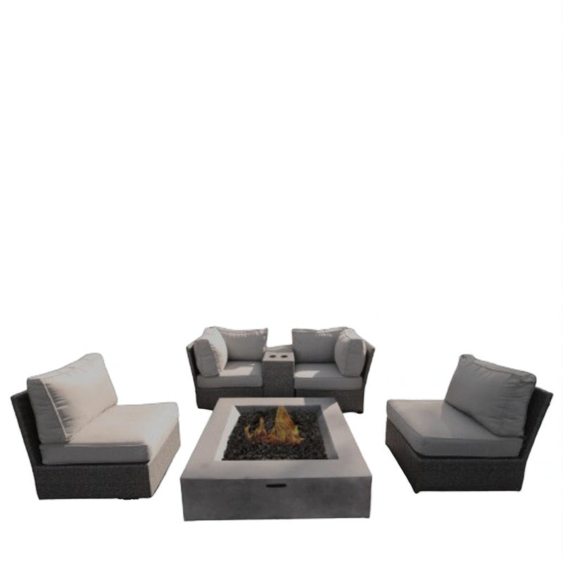 Ensemble de conversation en osier pour 4 personnes avec coussins Almyra, Béton naturel