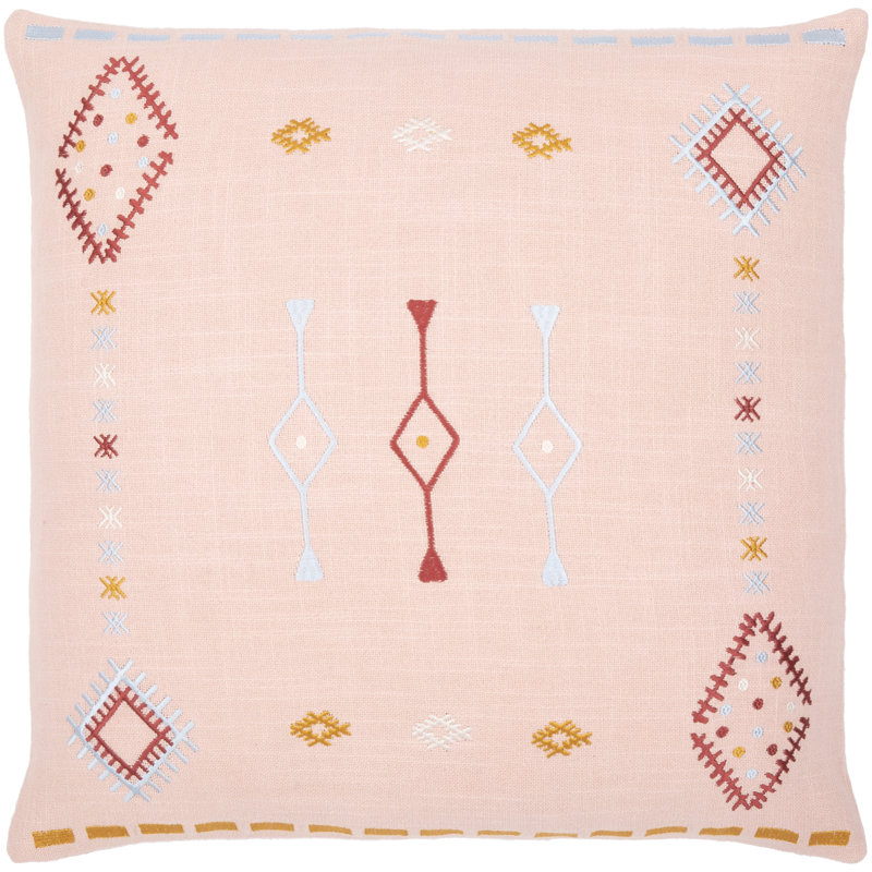 Decatur Embroidered Down Throw Pillow, 18" x 18", Dusty Pink/Pale Blue/Mustard, Down
