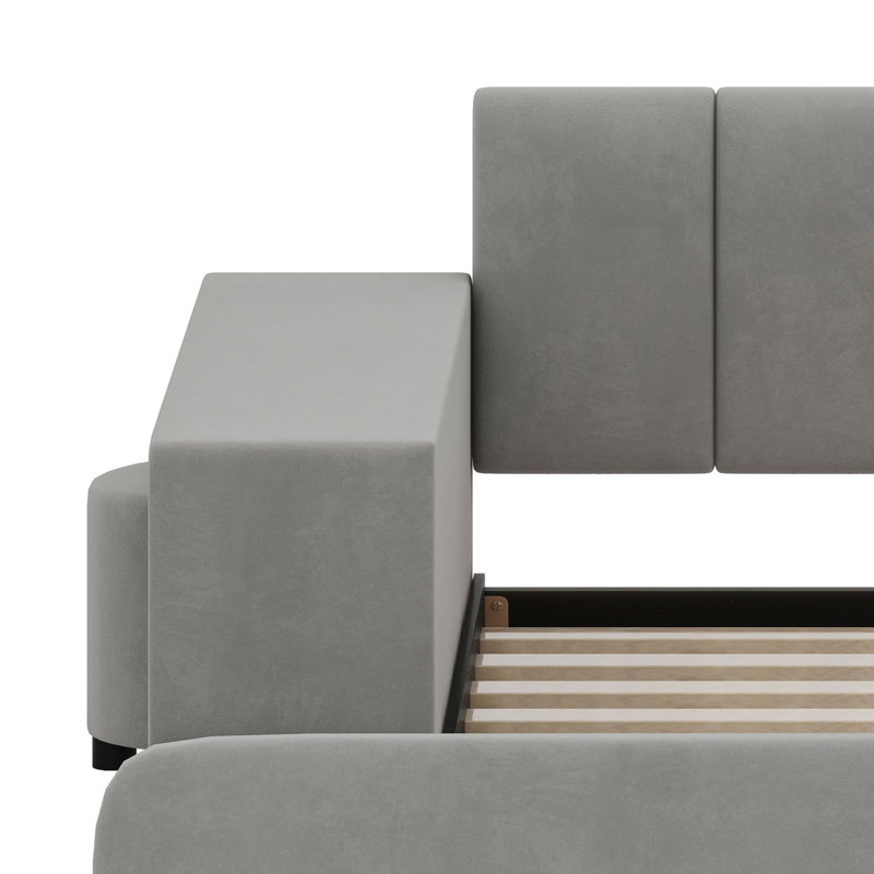 Lit tapissier à la terre, lit mère et enfant avec bureau de chevet et petit tabouret rond, Gris