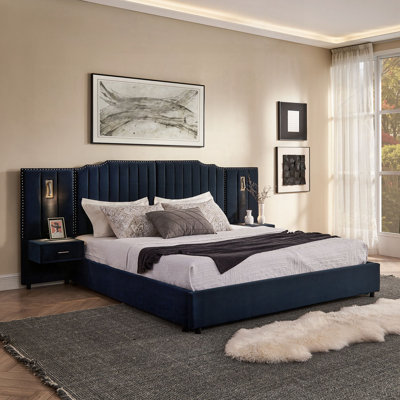 King Size Upholstered Bed Frame with Velvet Fabric
