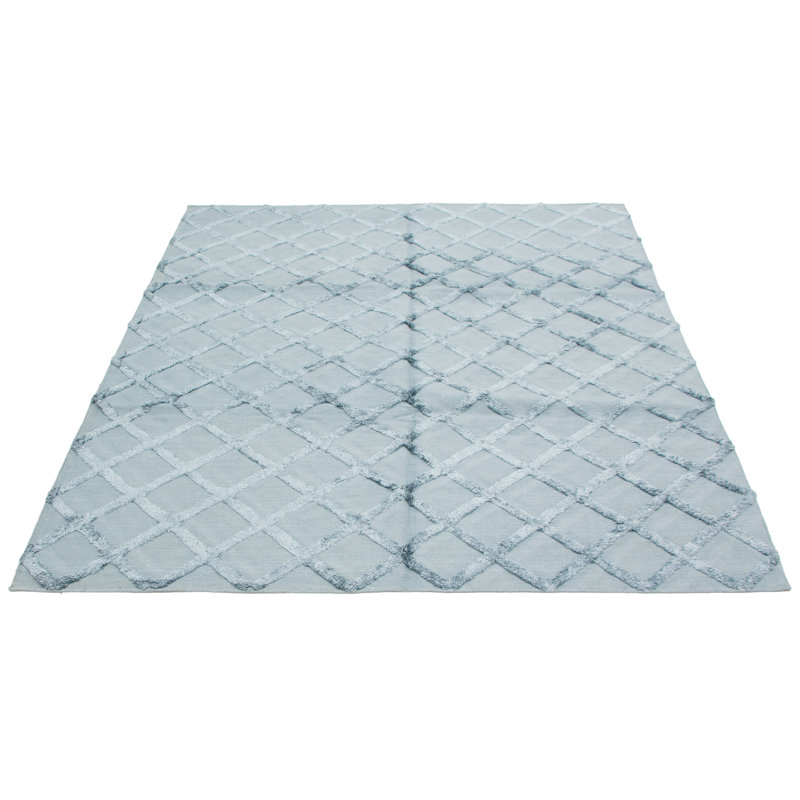 Tapis bleu clair en soie tissé à plat à motif géométrique Risa