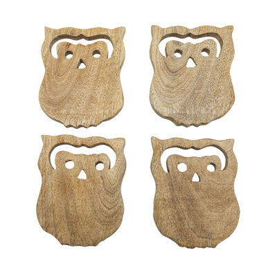 Owl Coaster Set Natural Wood