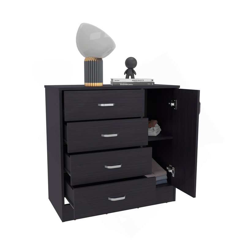 Commode de chambre moderne à quatre tiroirs, une porte avec rangement spacieux Katie, noir