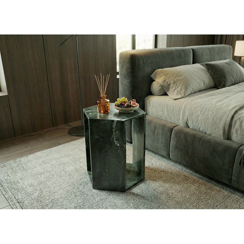 Table d'appoint en marbre de luxe, table de bout hexagonale de 16 cm de longueur, socle en pierre de diamant et table de chevet moderne pour le salon (40 cm x 32 cm)