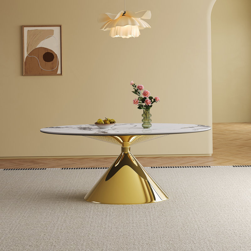 Ensemble de table de salle à manger 71 po en marbre 71 po pour 4 à 6 personnes - Table de cuisine ovale avec base en acier inoxydable doré