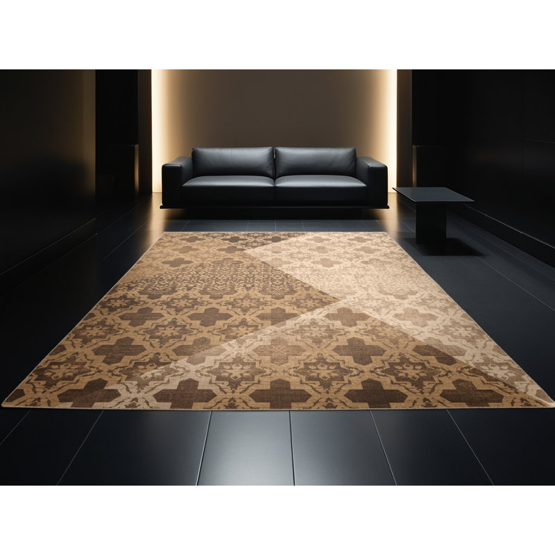 Machine Washable Penola Global Inspired Moroccan Rug in Brown – Beige Binding, 4' Round