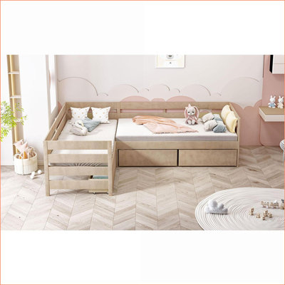 Twin Size Pine Wood &amp; MDF L-Shaped Platform Bed with 3 Storage Drawers, Natural – Space-Saving for Small Rooms