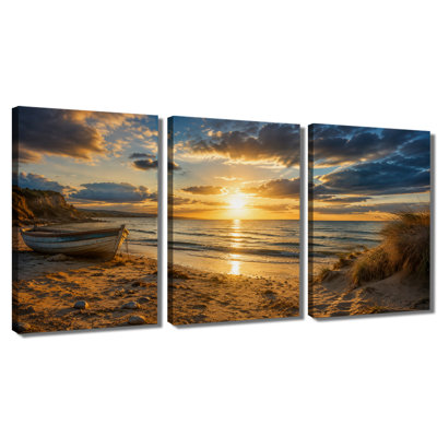 3 panneaux muraux Beach Sunset avec un vieux bateau en bois sur toile tendue