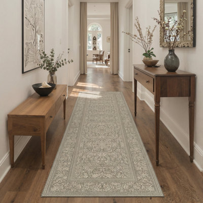 Vintage Damask Scrolls Machine Washable Sand Beige Indoor Area Rug With Non-Slip Backing