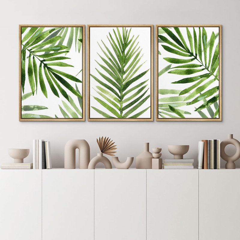 Feuille de palmier tropical vert minimaliste 3 pièces, Naturel, H 36 po x l 24 po x P 1,5 po