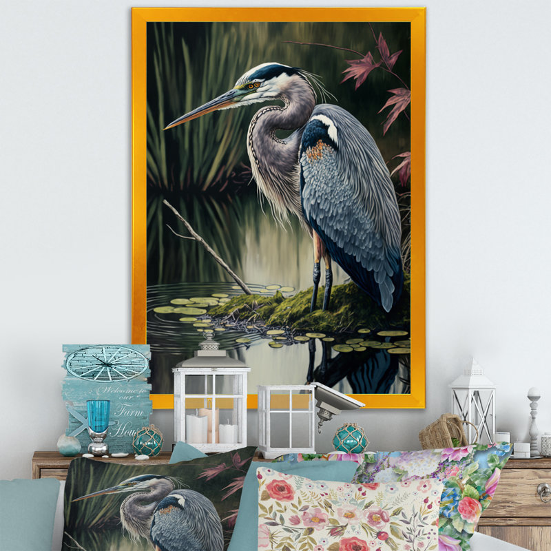 Héron au bord de la rivière - reproduction sur toile, H 40 po x l 30 po x P 1,5 po, Impression dorée sur toile encadrée