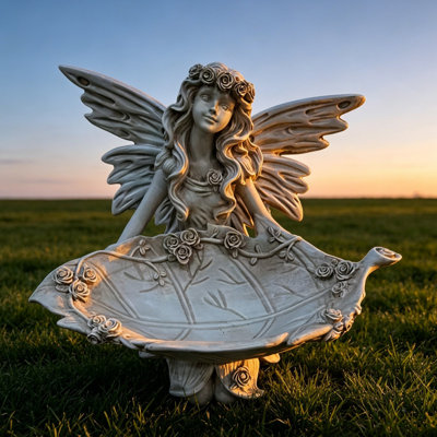 Statue de fée de jardin de 12,80 po de haut, statue d'ange en résine de 14,37 po de large avec plateau à feuilles, mangeoire à oiseaux multi-usages et plateau décoratif pour l'intérieur et l'extérieur