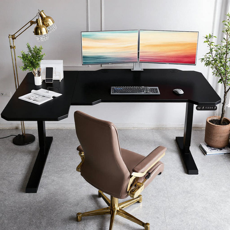 L-Shaped 59" Height Adjustable Electric Standing Desk, Sit And Stand Up Computer Desk For Home Office Black, Black, Black