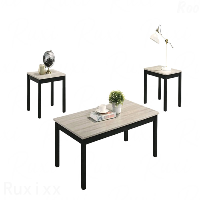 Ensemble de table 3 pièces 1 table basse 1 table de bout 2 pieds en faux marbre avec pieds en bois gris clair, Light Grey