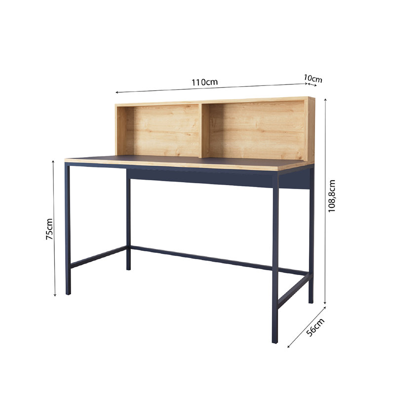 Bimossa Olivia Desk, 110cm Wide Desk, Stylish Home Office Writing Desk with Raised Block Shelf and Note Board, Metal Legs, Perfect for Students and Professionals