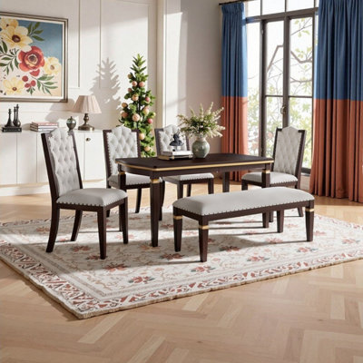6-Piece Rectangular Dining Table Set, 60" MDF Table With 4 Upholstered Chairs & Bench, Rubber Wood Legs